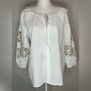 Anthropologie RD & Koko Oversized Embroidered Linen Top Blouse White/Tan Sz S
